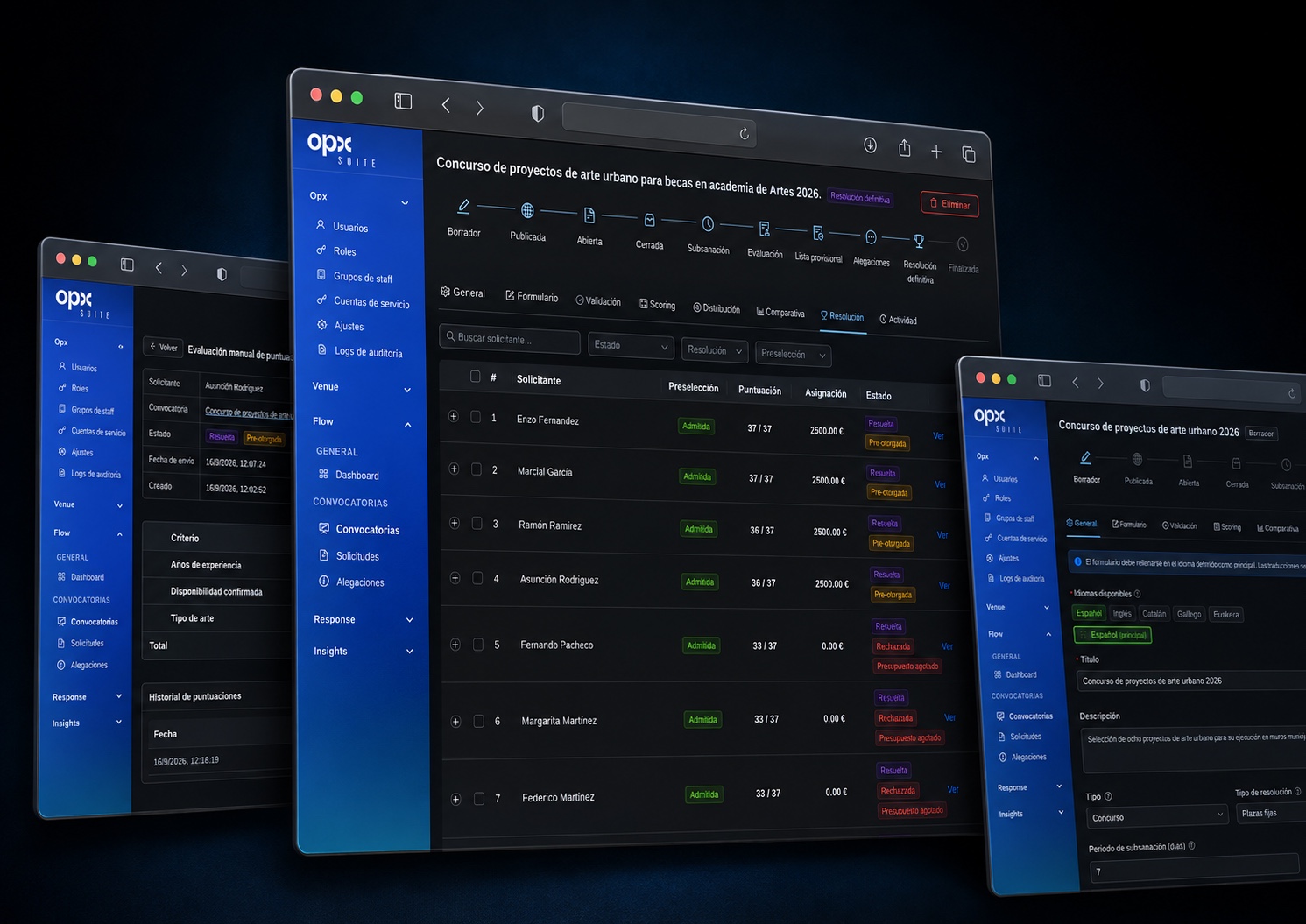 Interfaces de administración de OPX Suite con la resolución de una convocatoria: puntuaciones, asignaciones y estado de cada solicitud
